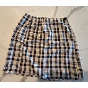 Basic Equipment Plaid Mini Skirt Black White Linen Blend Size 8 A-Line Check